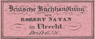 710212 Boeketiketje van de Deutsche Buchhandlung von Robert Natan, Drift G. 330 te Utrecht.N.B. Het adres is in 1890 ...